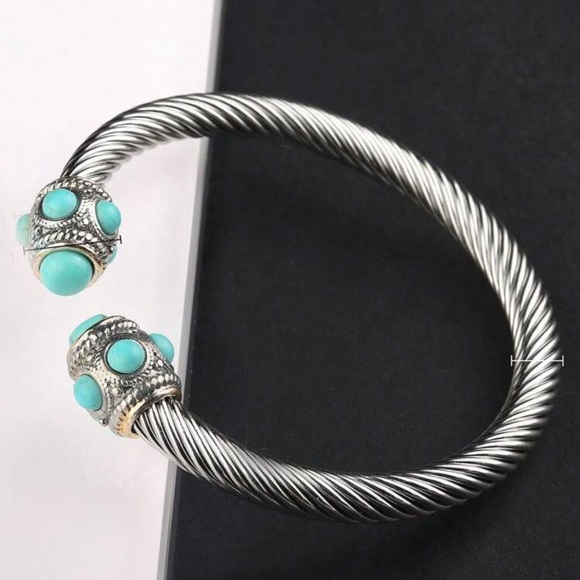 Designer Inspired Turquoise Stone Beads Tips Silver Cable Cuff Twist Bracelet - Picture 2 of 11